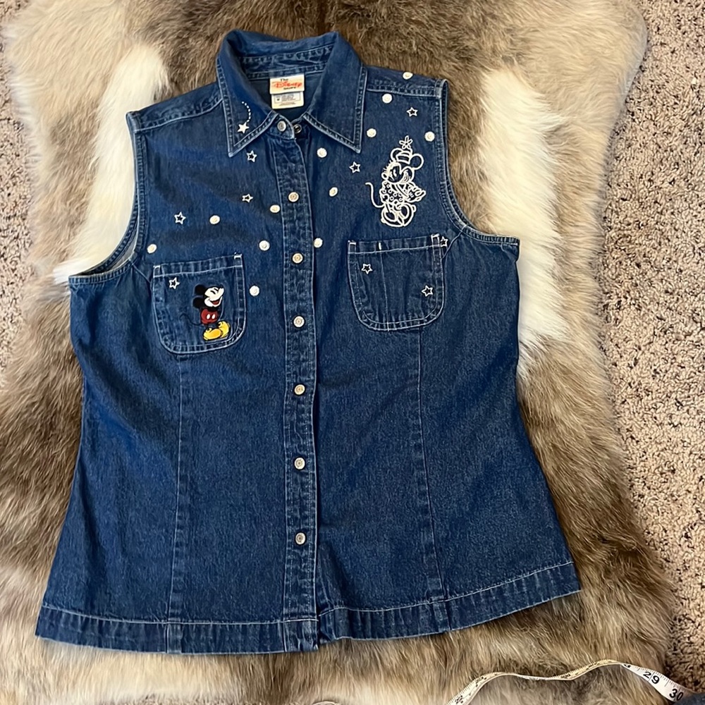 Disney Dark Blue Denim Sleeveless Button-Up Vest with Mickey Embroidery